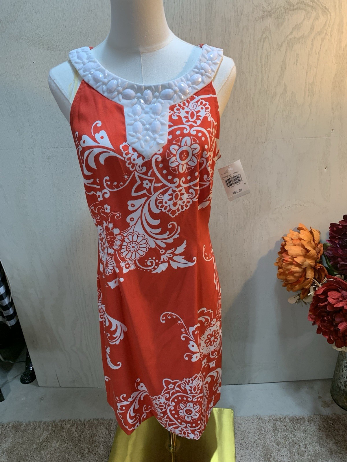 Connected Apparel Coral And White Dress With Beading. Size 8