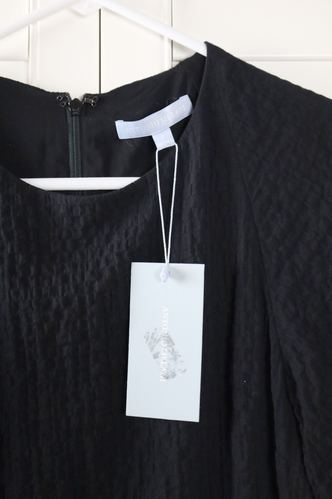 ANTONIO MELANI NWT $159 Solid Black Seer Sucker Puckered Midi Dress Size 2