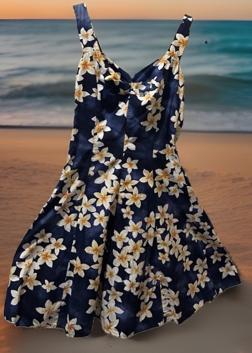 Royal Hawaiian Creations Tropical Navy Blue Dress Smocked Zipper Cotton Sz Large
