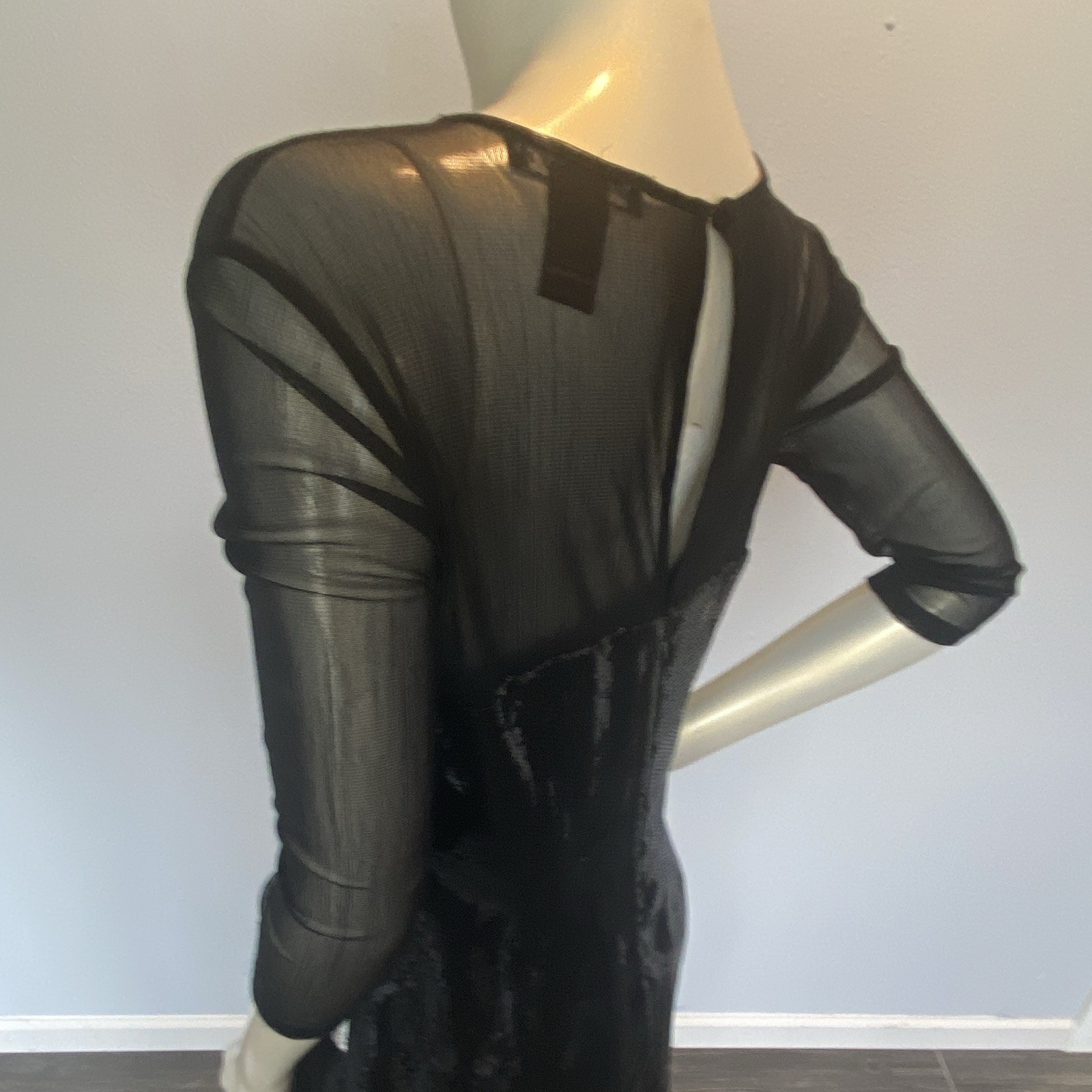 Argenti Black Silver Sequin Mesh Sheer 3/4 Sleeve Sheath Knee Dress 8