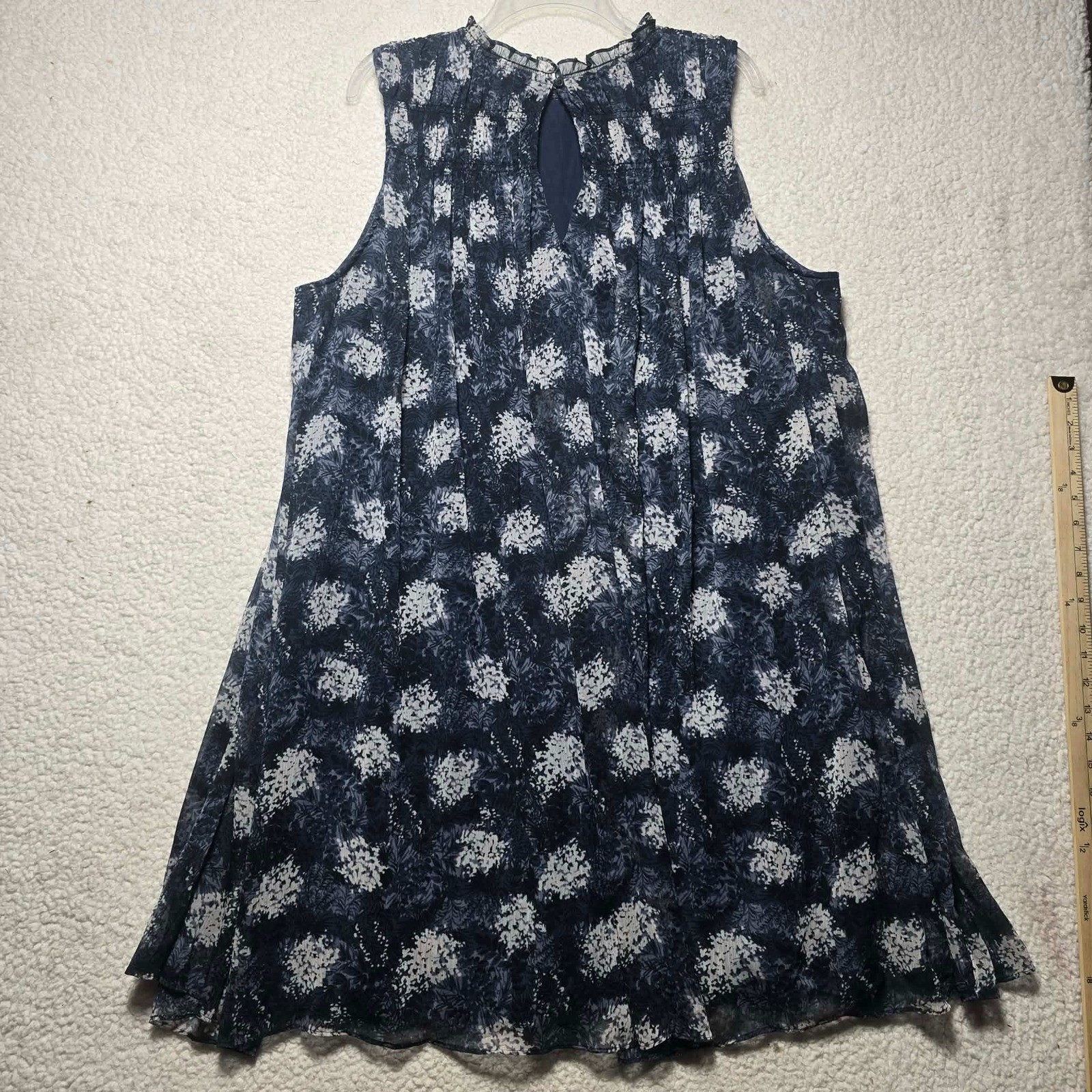 Joie Navy Blue White Floral Smocked Ruffle Neck Sleeveless Mini Dress XXL