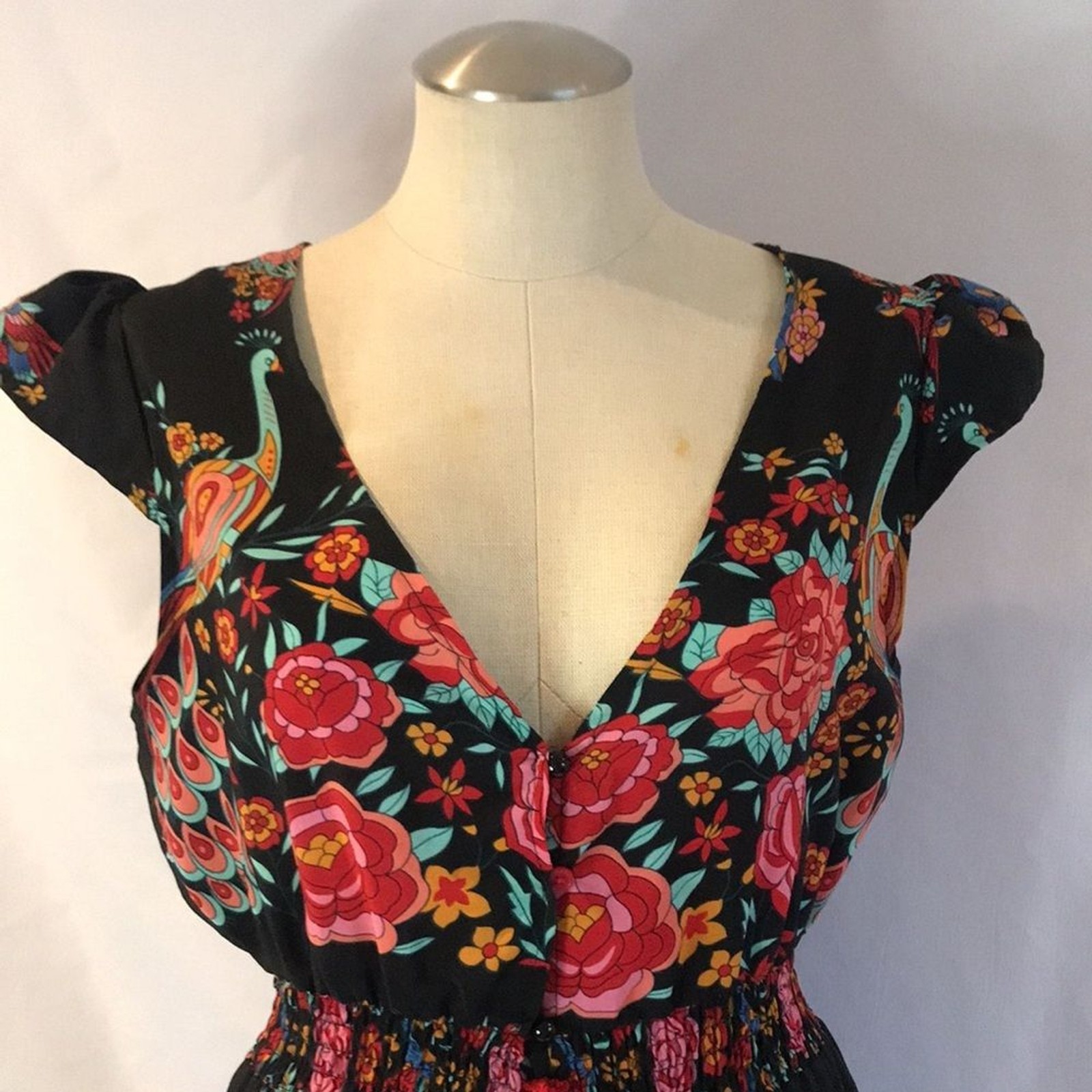 Black floral peacock colorful print short sleeves hi-low maxi dress boho gypsy M