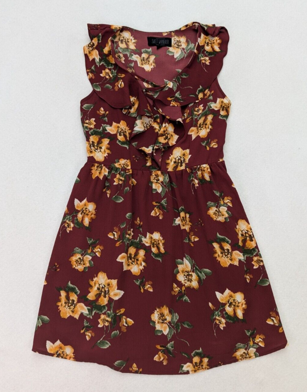 Sweet Wanderer Women’s Dress Size Small Maroon Floral Print Ruffle Boho Bohemian