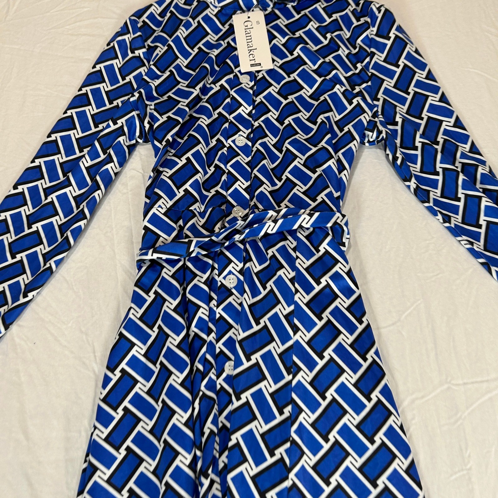 Glamaker Blue Geometric Print Long Sleeve Maxi Shirt Dress Small NEW