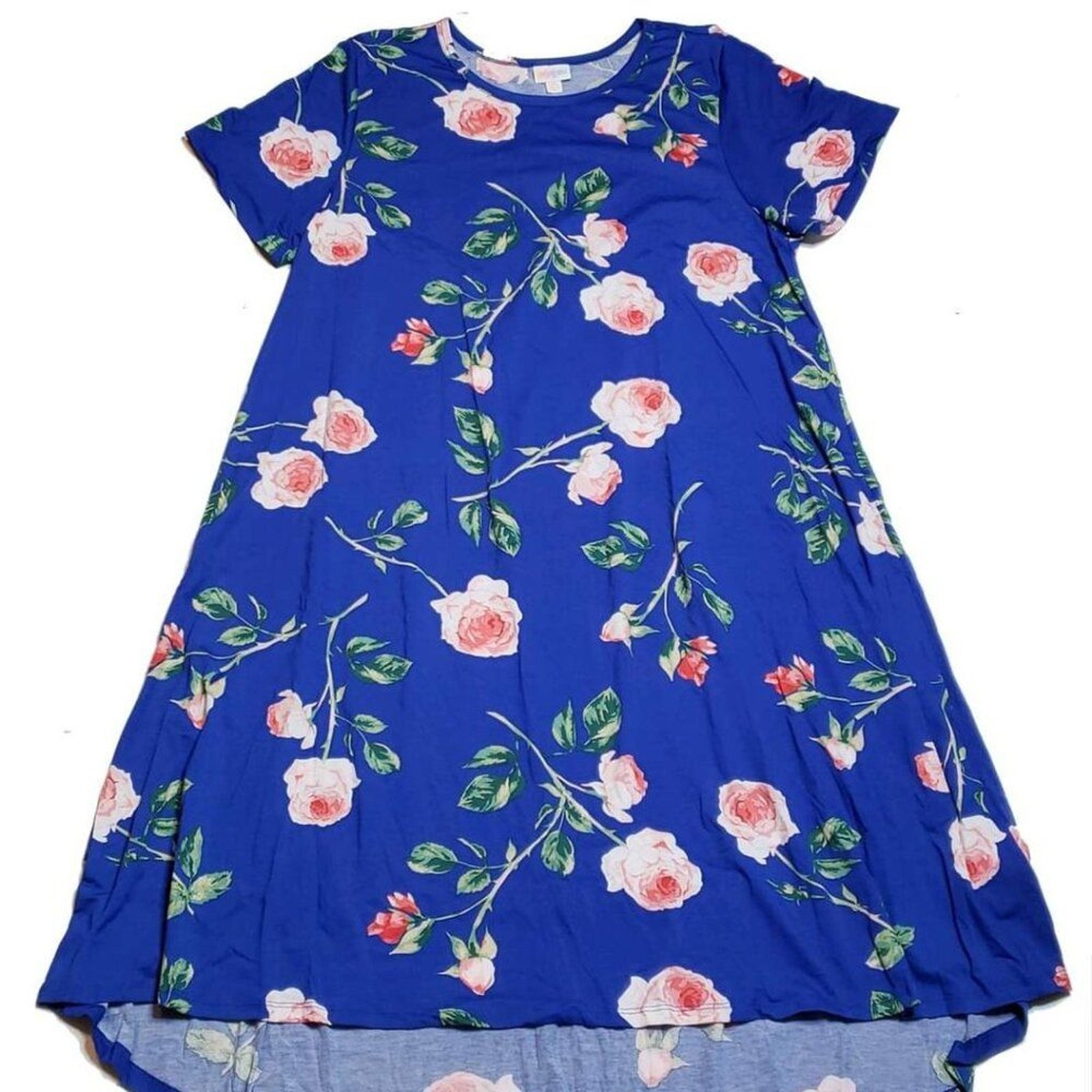 NEW LuLaRoe Medium Carly Blue Pink Floral Swing Dress High Low NWT Short Sleeve