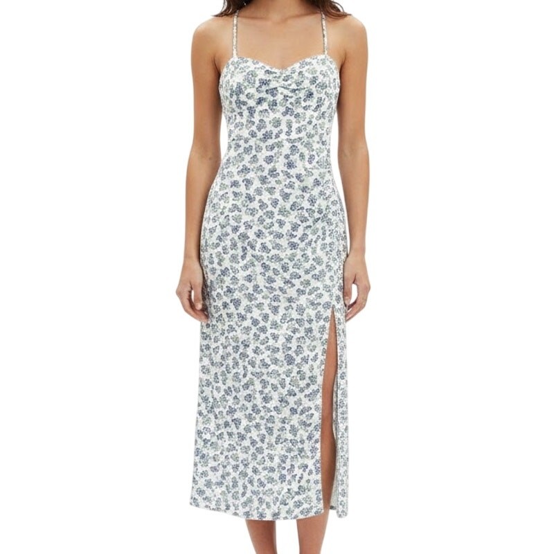 Zara White Blue Green Floral Cross Strap Front Slit Midi Dress size XS NEW Tags
