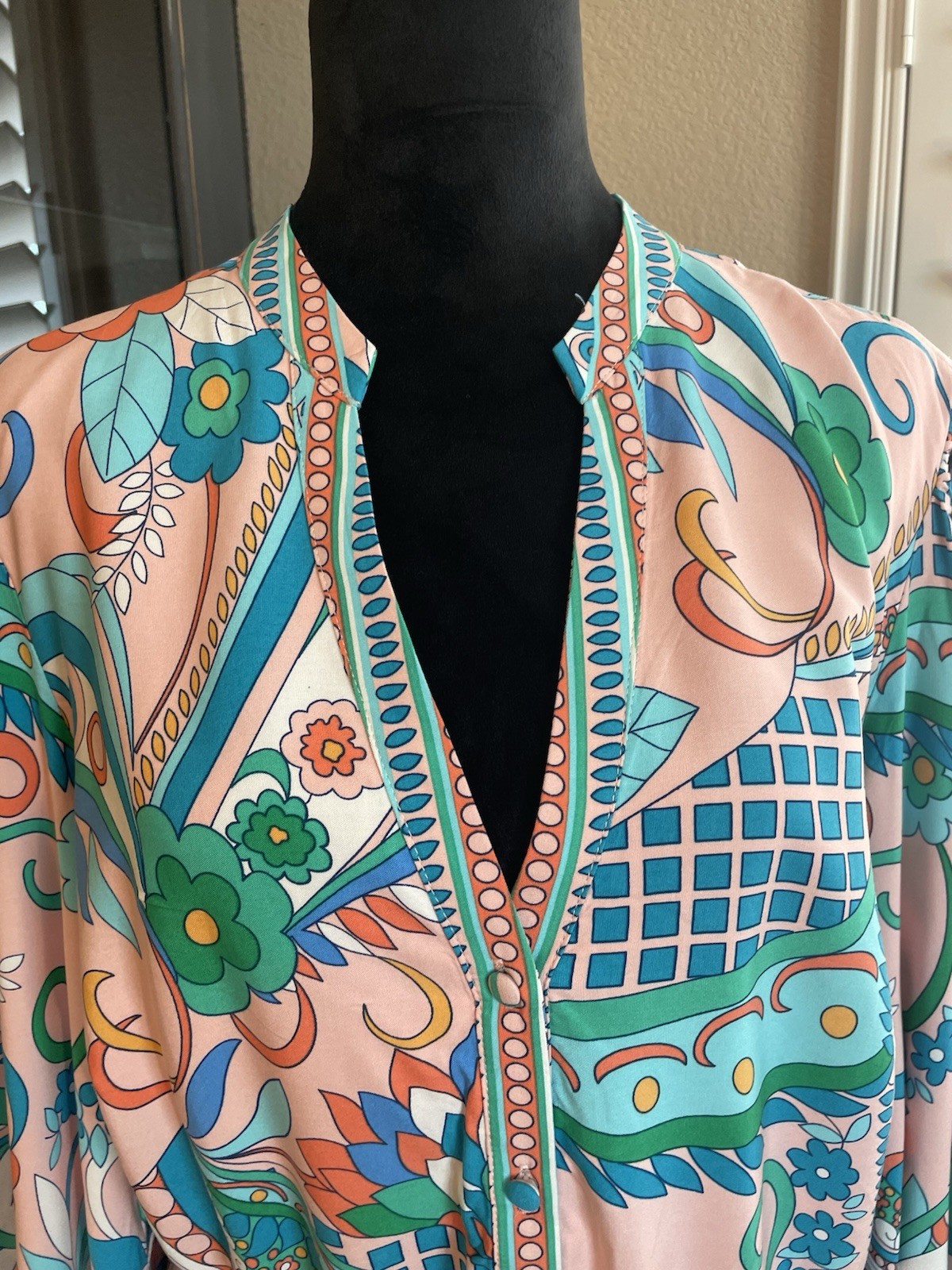 ADRIANNA PAPELL Long Sleeve Retro Print Dress Short Tie Waist Flowy Flouncy 14