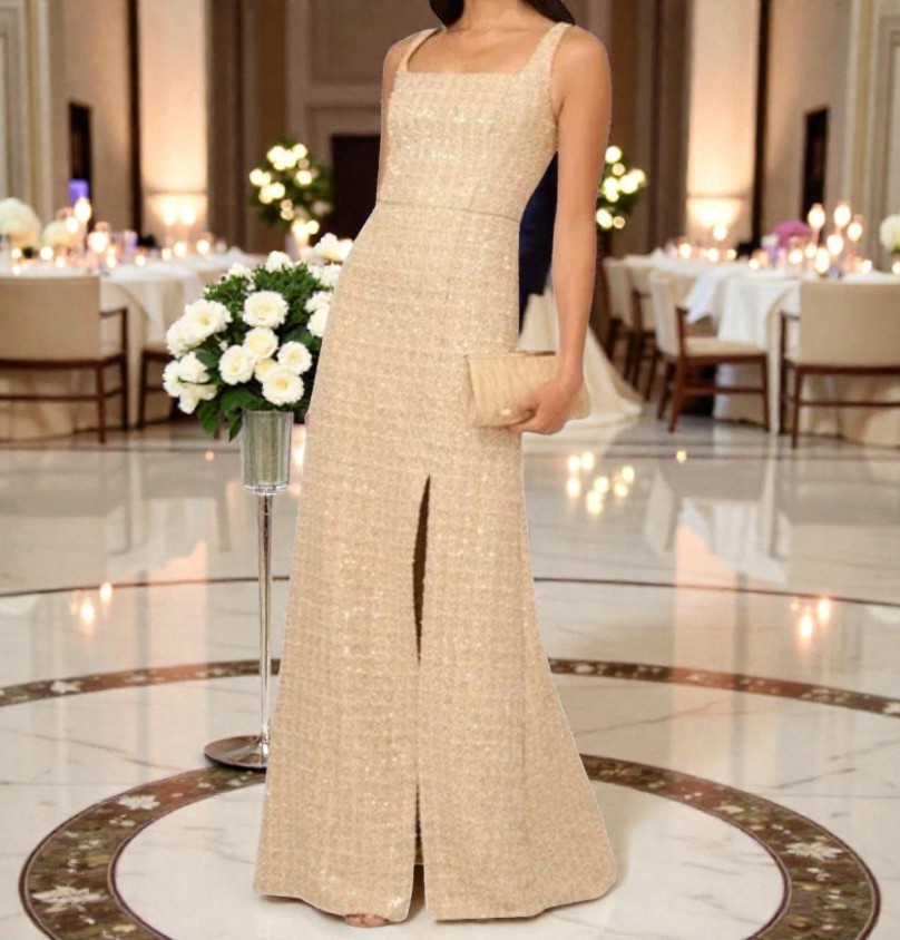 Adrianna Papell Women’s 2 Maxi Dress Sequined Boucle Gown Gold Champagne NWT