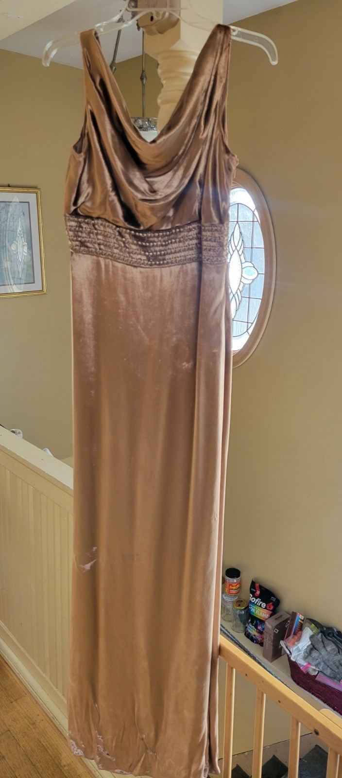 Rimini Gold Velvet Formal Maxi Dress Long Sleeveless Cowl Neck Beaded Size 12
