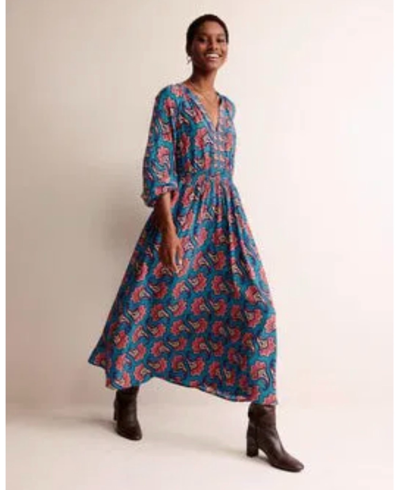 Boden Blue Border Print Raglan Midi Dress Pockets Balloon Sleeve UK 18L RRP £130
