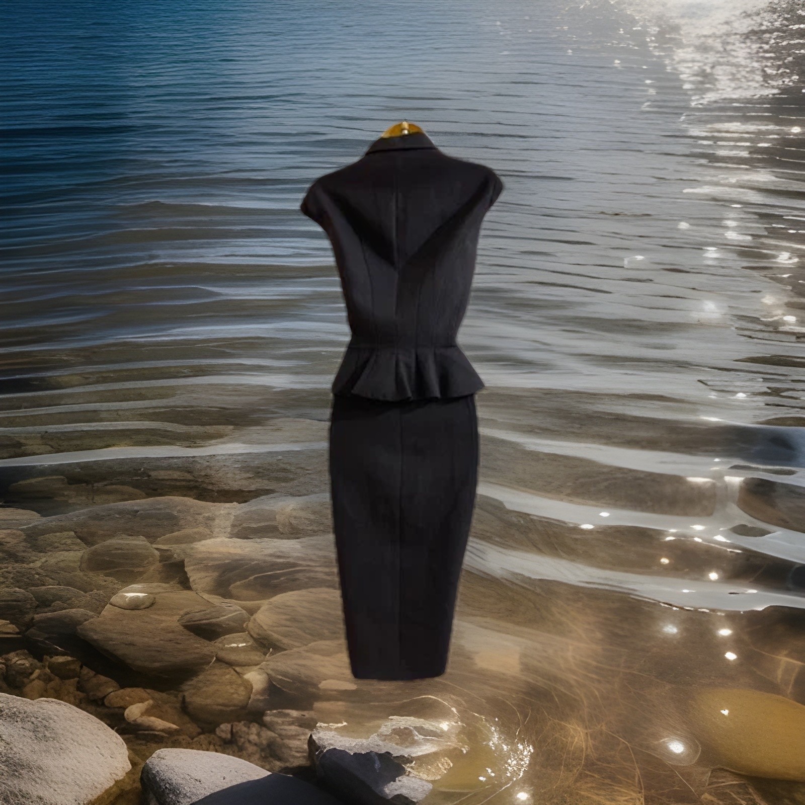 KAREN MILLEN BLACK PEPLUM ZIP-FRONT PENCIL DRESS UK 14 (US 10) EUR 42
