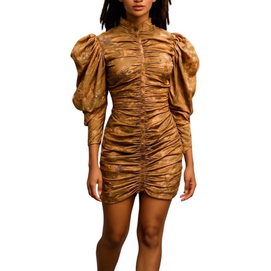 A. Peach Bronze Floral Ruched Bodycon Mini Dress Puff Sleeve Mock Neck NEW