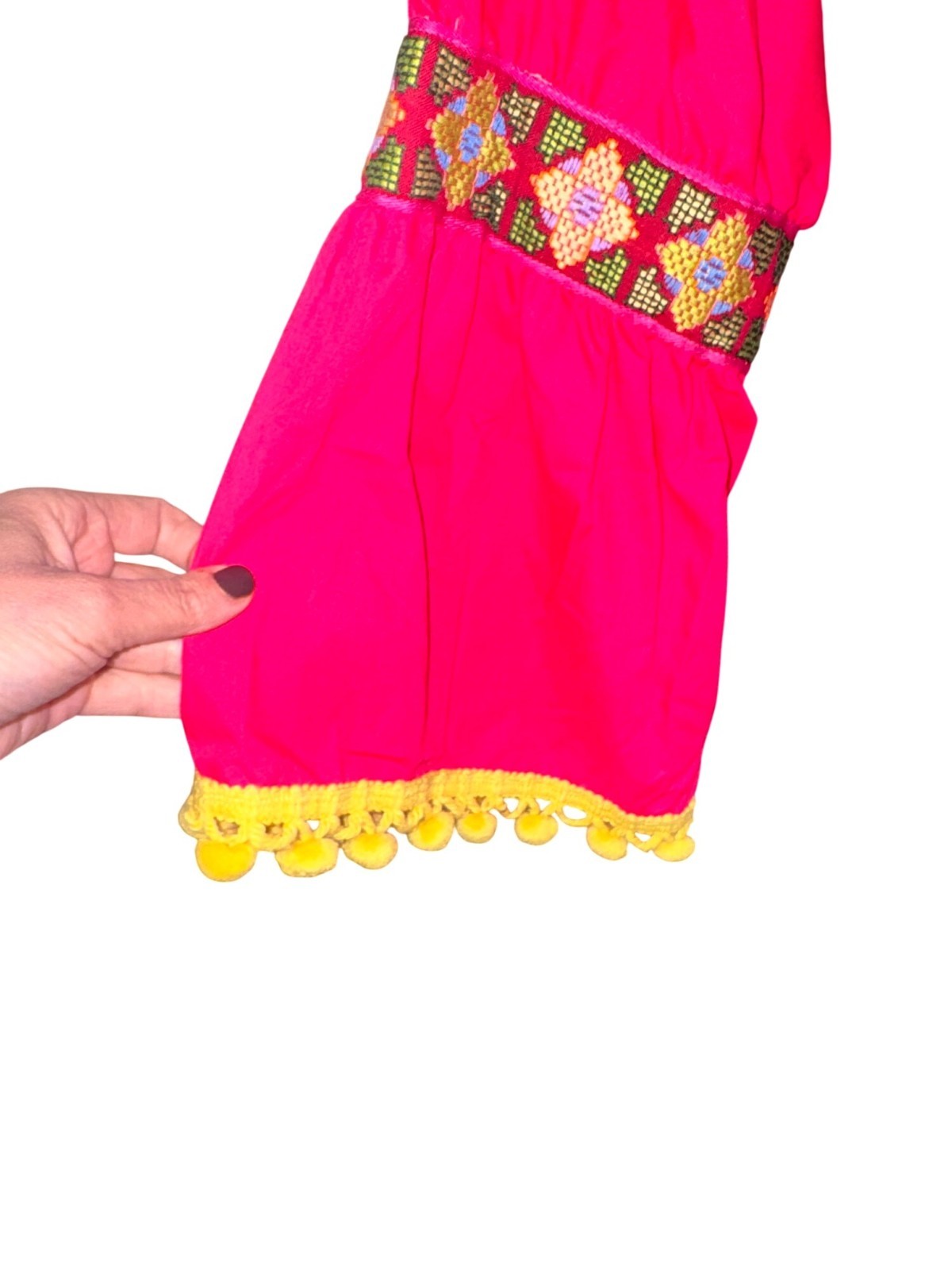 Handmade Fiesta Mexican Embroidered Floral Dress Crochet Hem Bell Slve Hot Pink