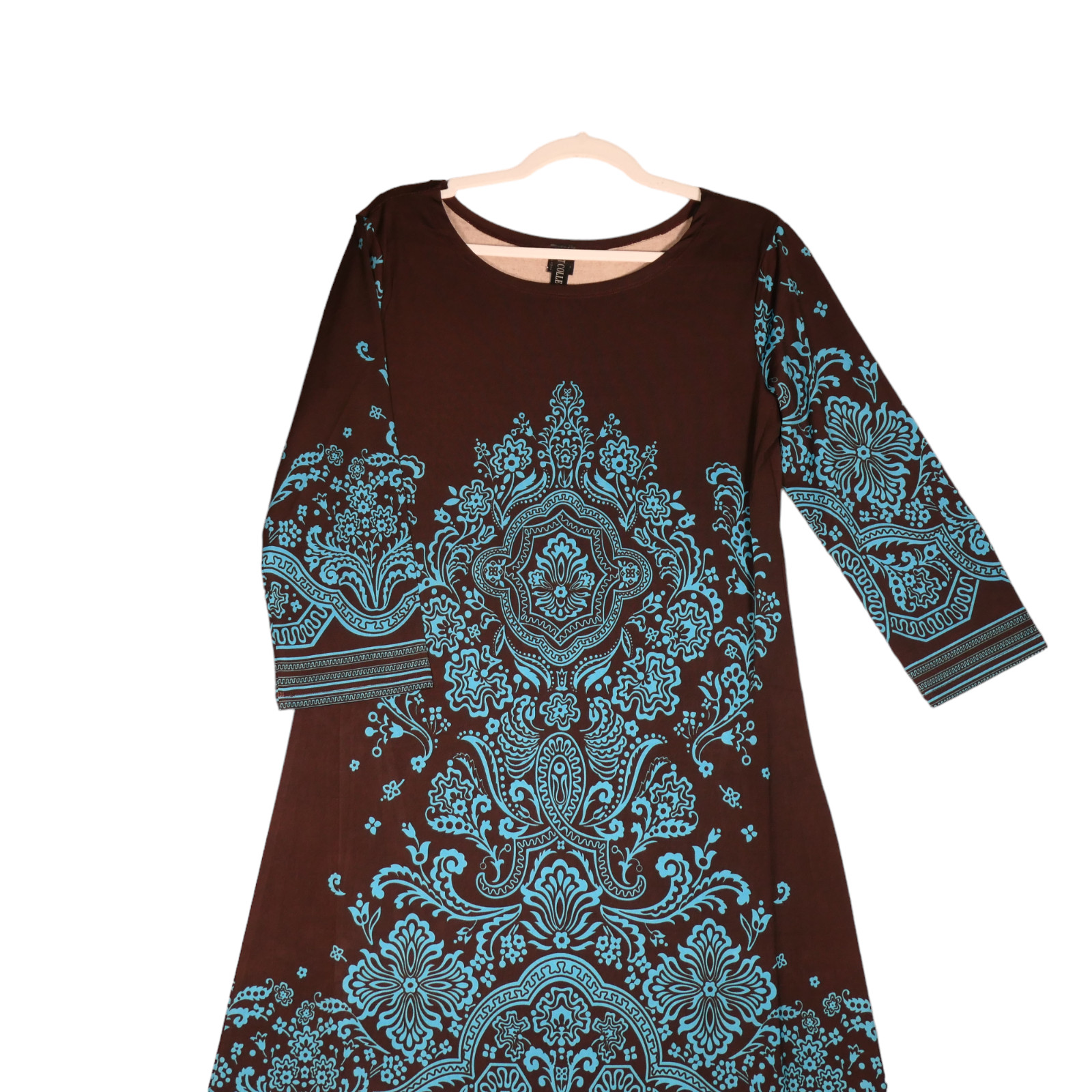 NEW Mt Collection Dress Womens L Brown Teal Boho Hippie Stretch Slinky