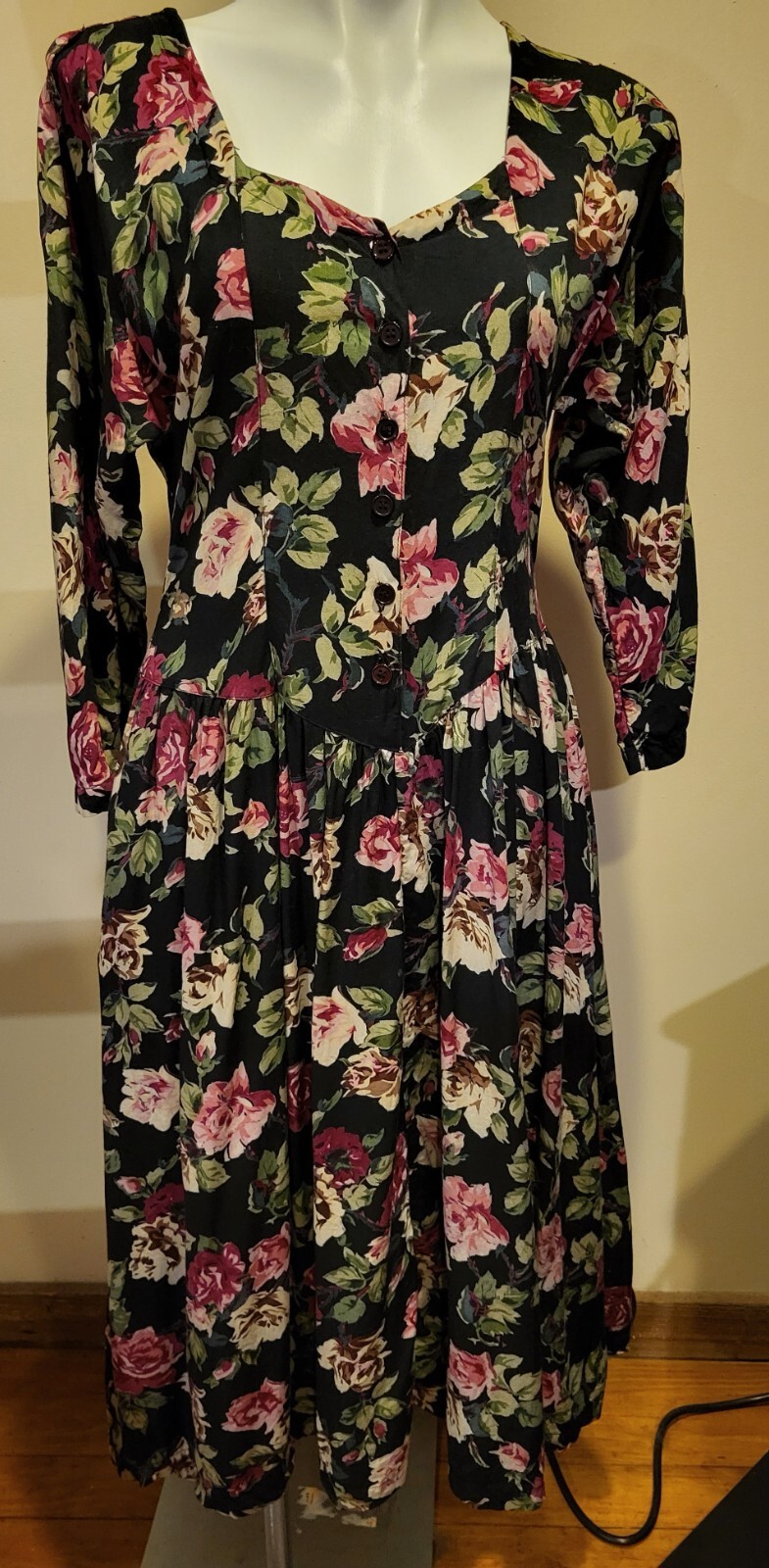 90s Vintage Starina Floral Midi Prarie Dress Size Medium Rayon