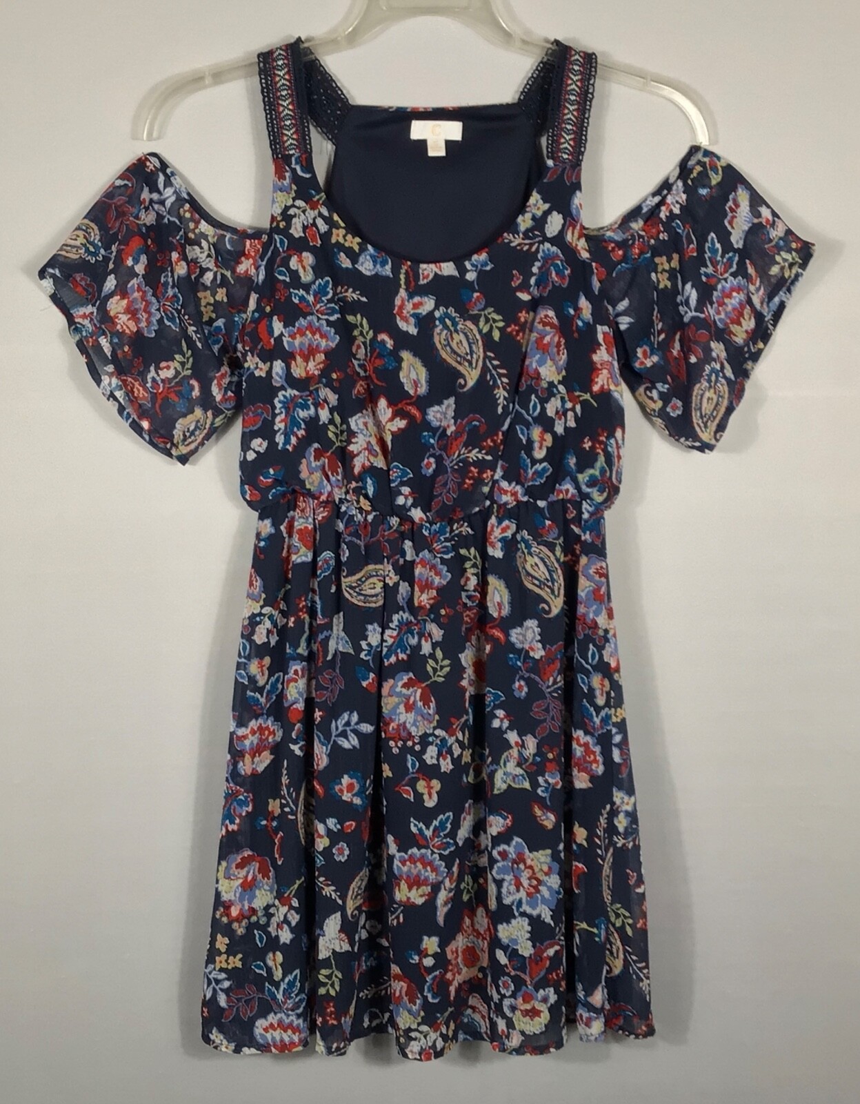 Charming Charlie Dress Women S Blue Floral Blouson Cold Shoulder Short Sleeve