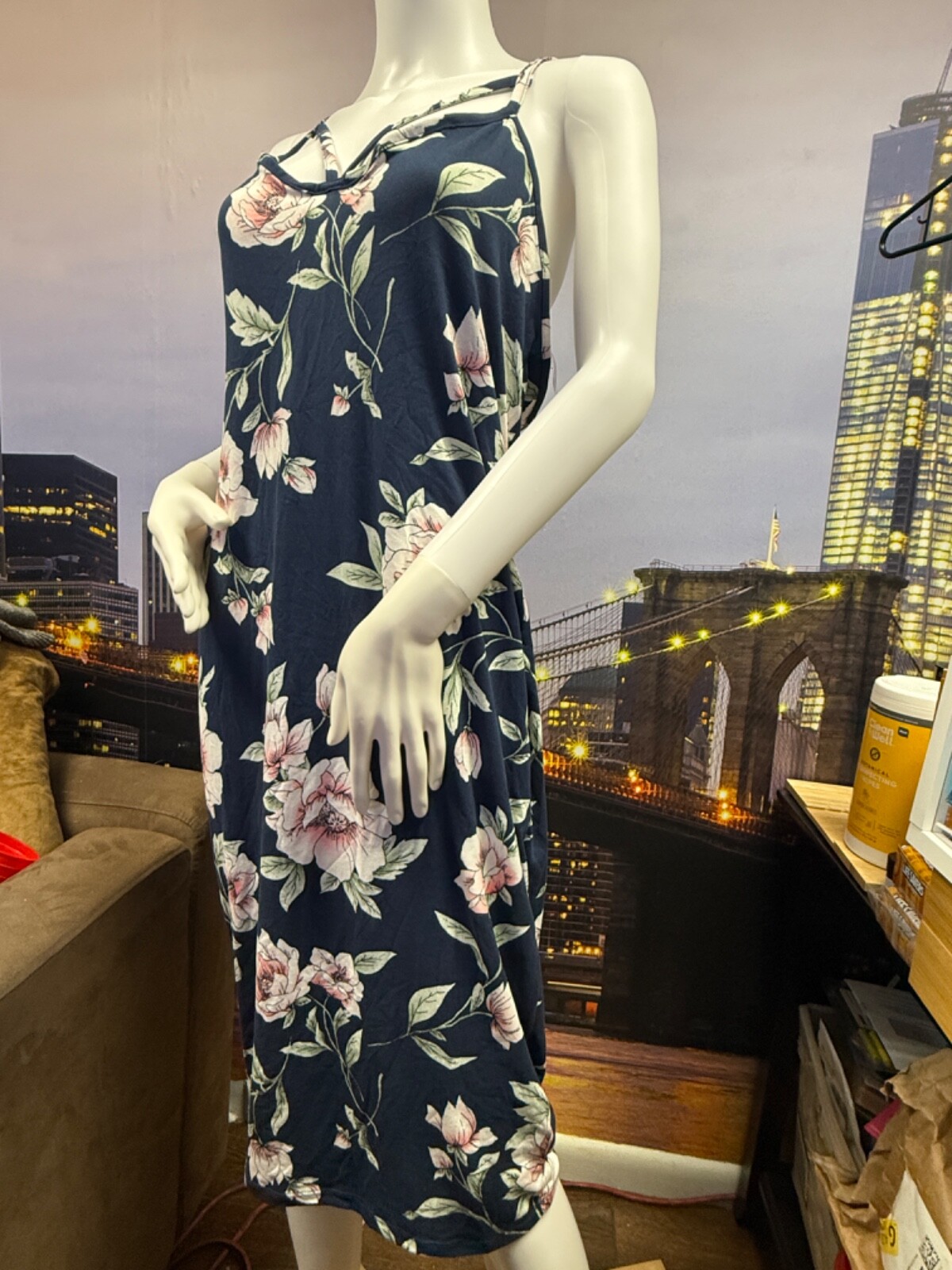 Love Chesley Navy Blue with White & Pink Floral Dress