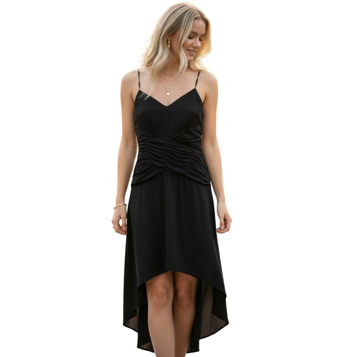 Laundry Shelli Segal Black Beaded Strap Hi-Low Dress 6 LBD Cocktail