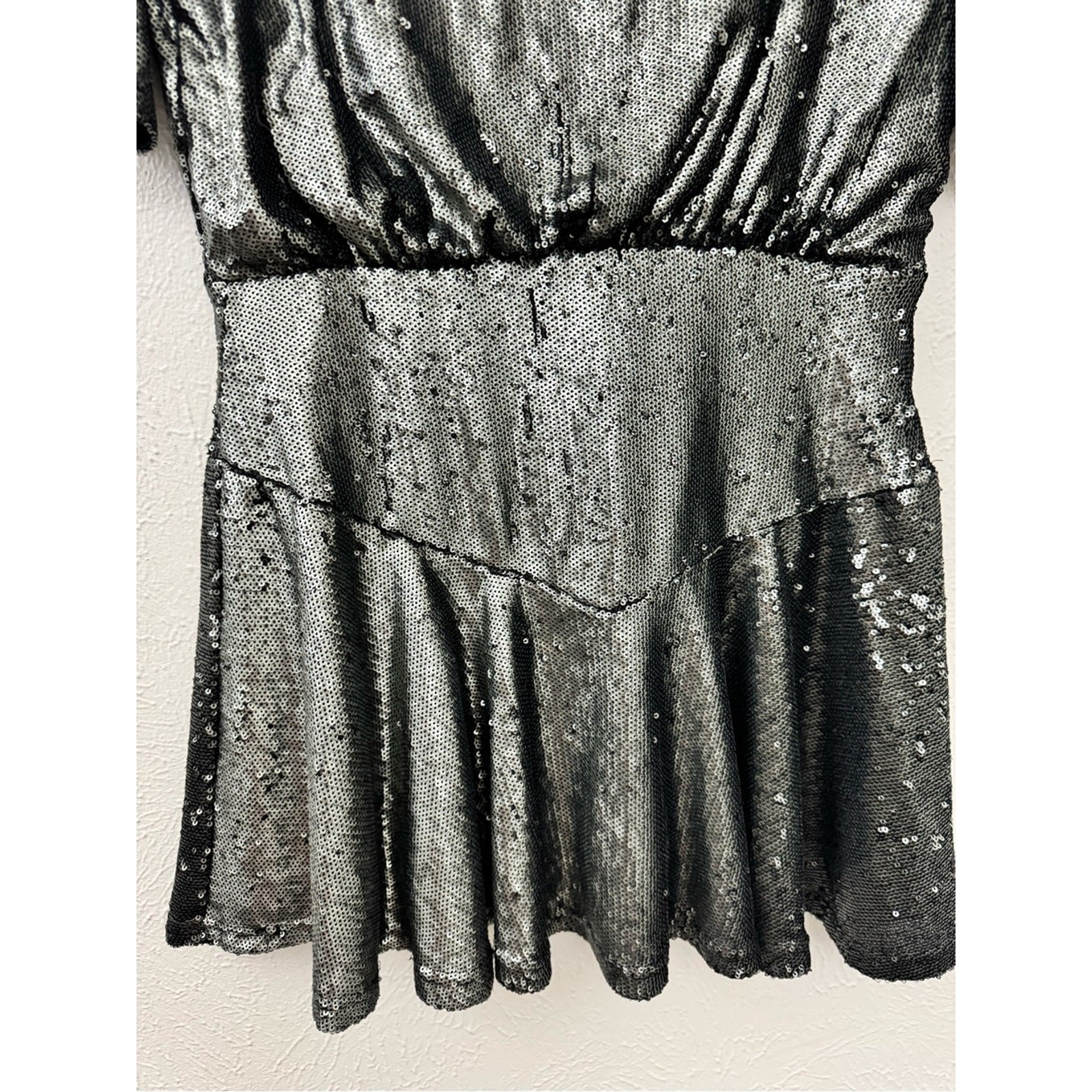 Free People Sequin Mini Dress Size Medium Silver Black Batwing Flawed AS-IS