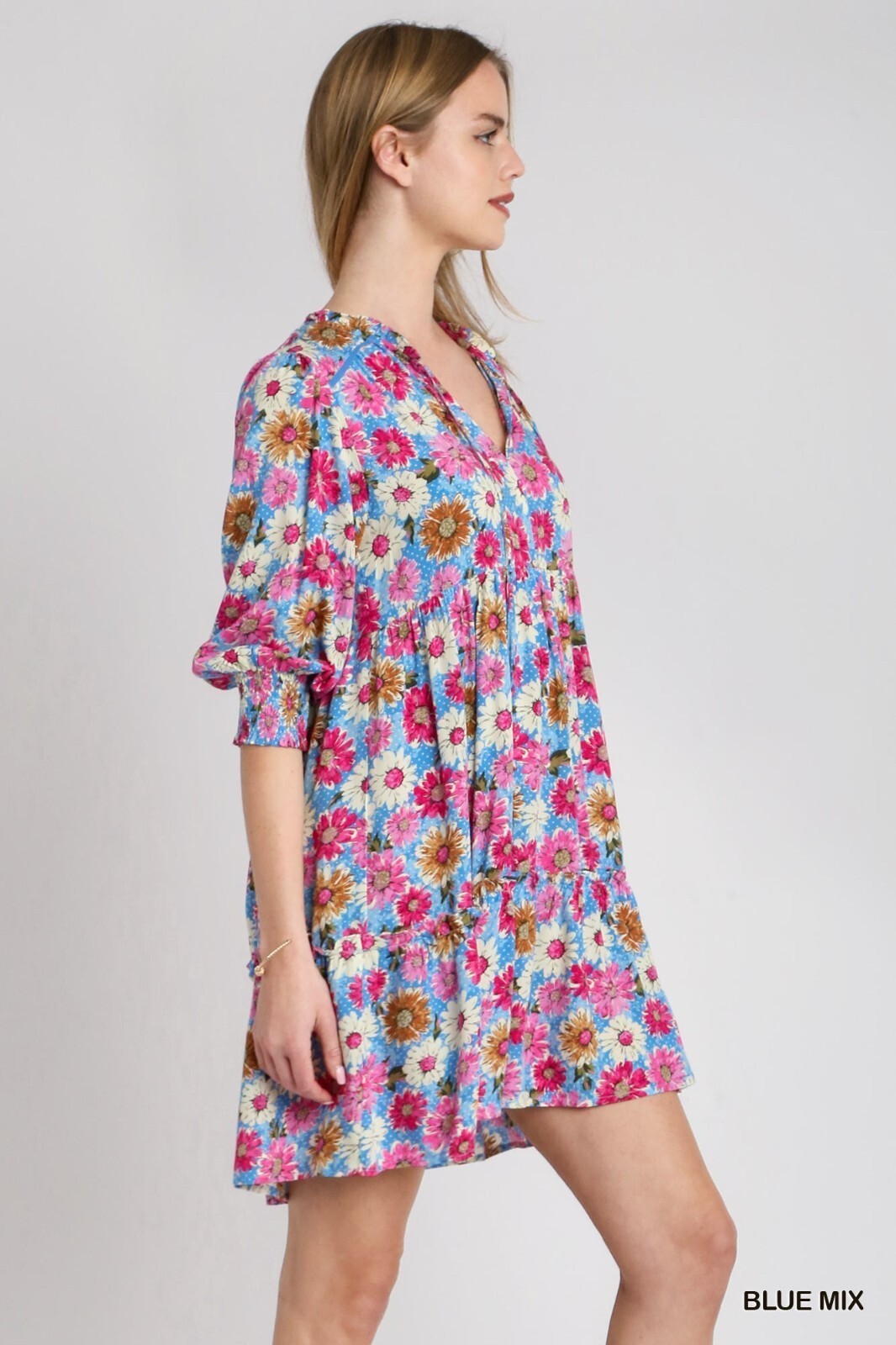 Umgee Blue Multi Flower Print Ruffle Tiered Dress V-Neck Ruffle Front Tie Front