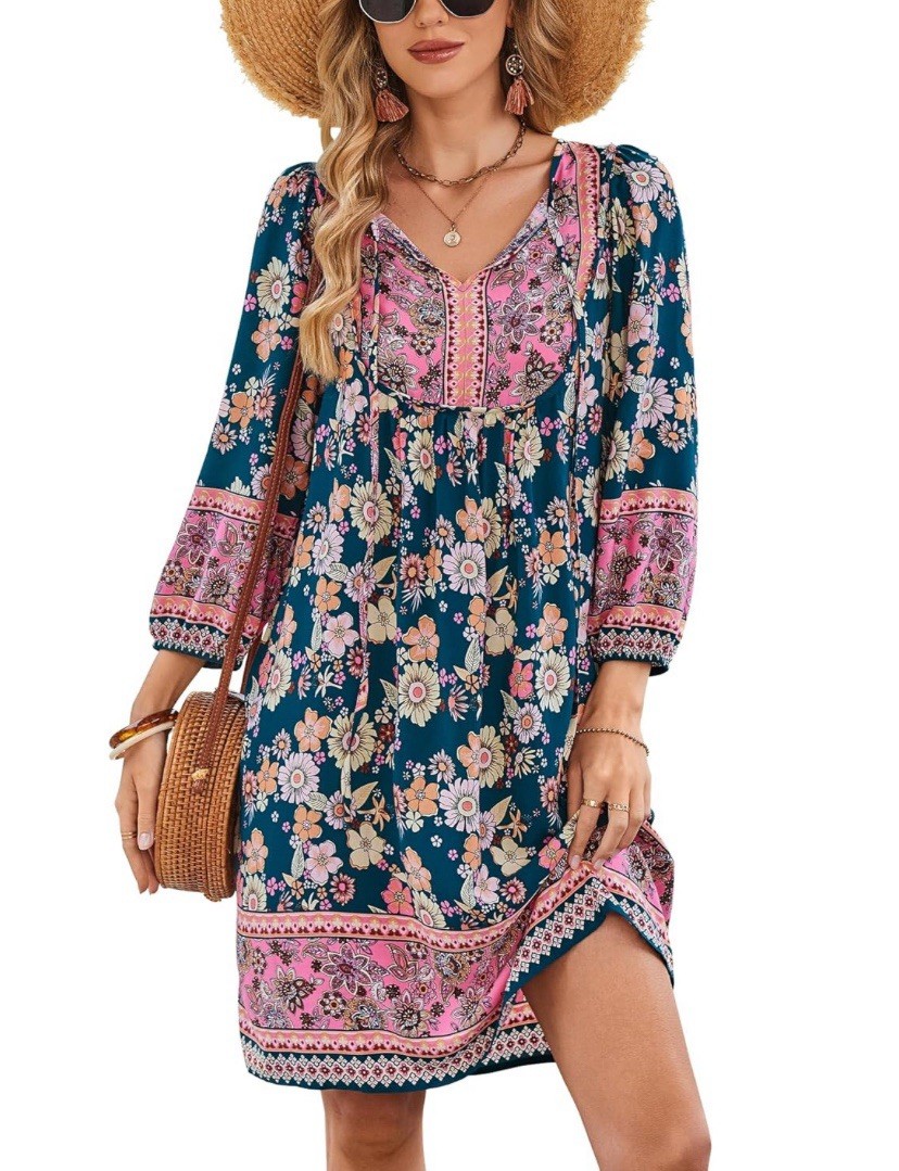 Bluetime Women Casual Summer Dress Boho V Neck Peacock Blue Rose Medium