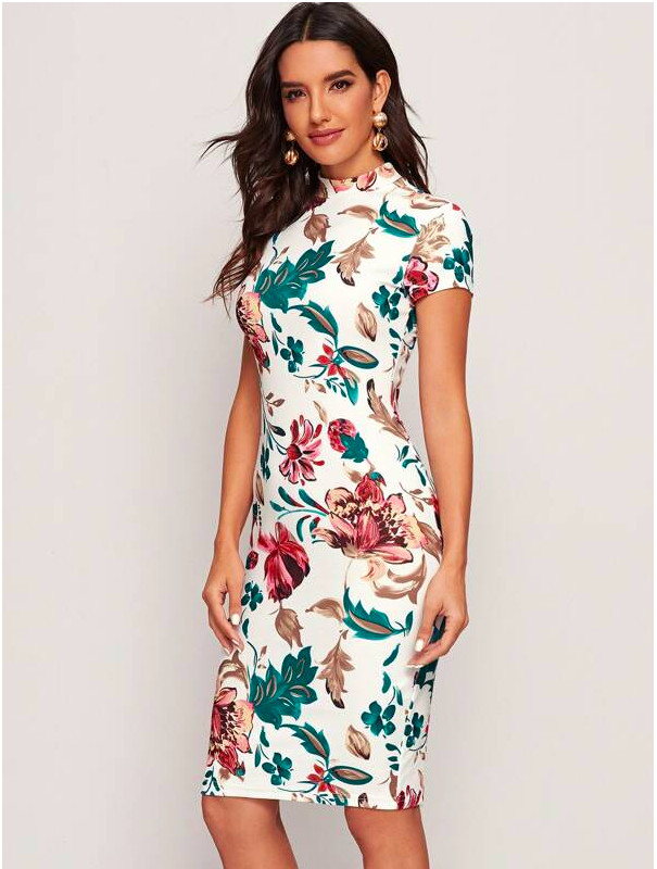Multicolor Mock-Neck Botanical Print Summer Bodycon Pencil Dress Sz XS S M L XL