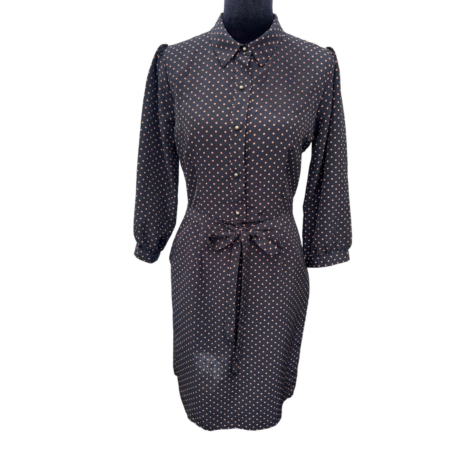 Love 21 Forever 21 Polka Dot Shirt Dress Black Tan Tie Waist NWT Small