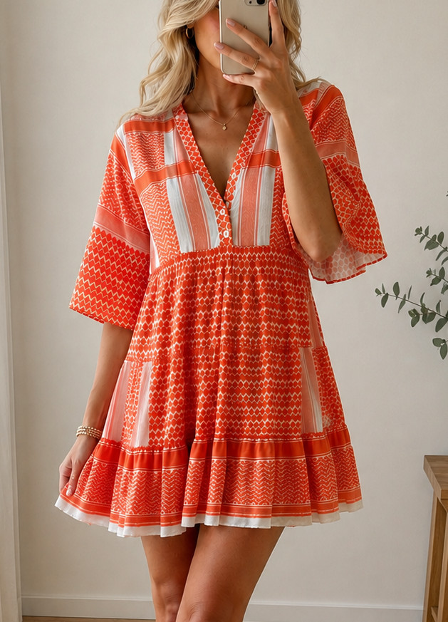 „Zwillingsherz“ Boho Orange Geometric Print Mini Dress V-Neck Summer Casual Fest