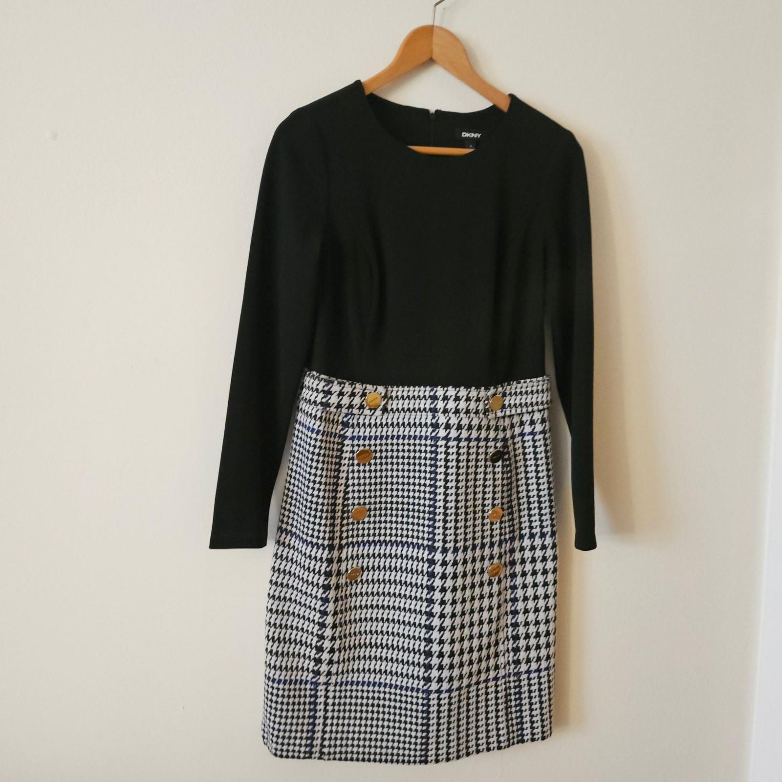 DKNY Long Sleeve Button-Trim Houndstooth Sheath Dress