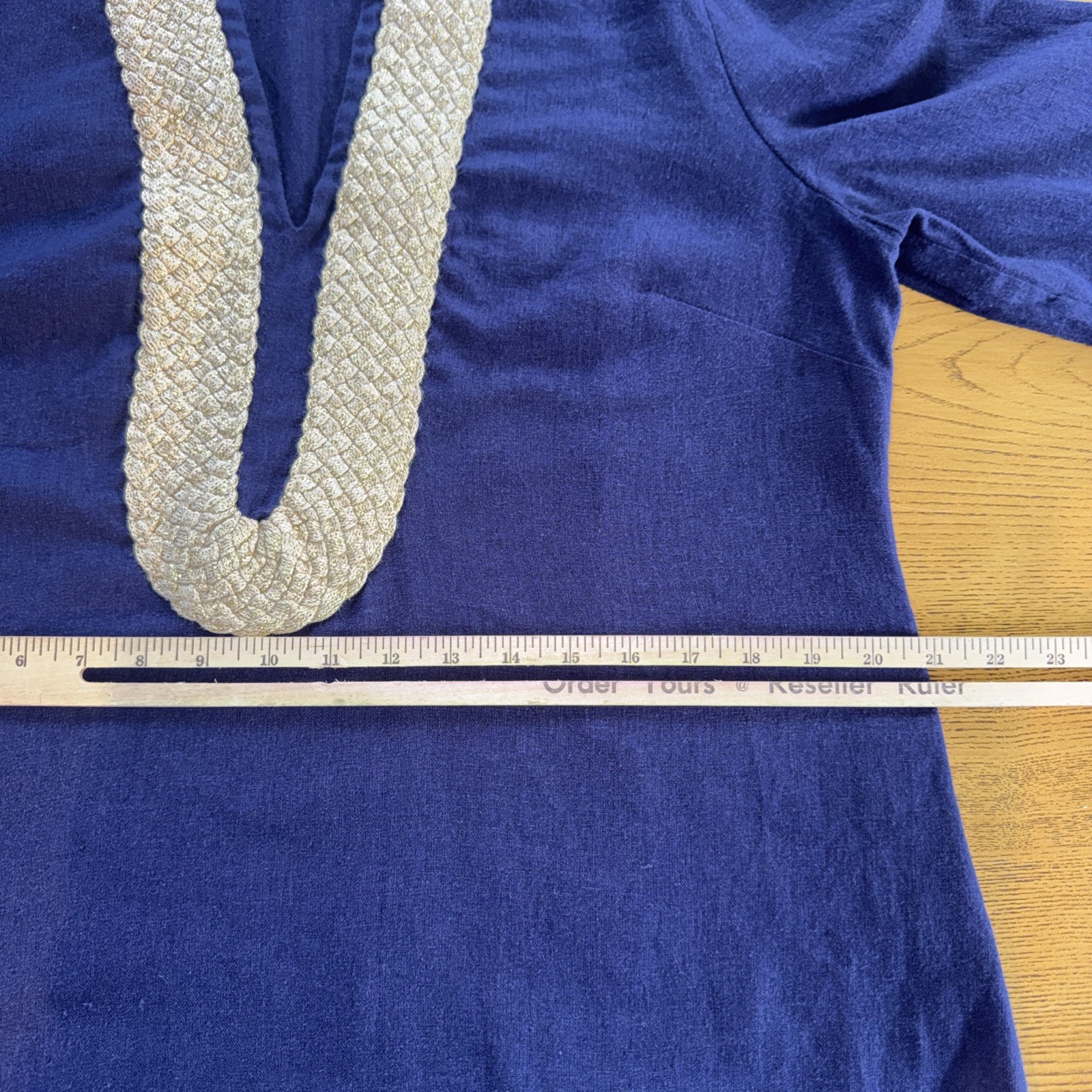 Sail to Sable Navy Blue linen Gold Embroidered Collar Cuff Tunic Dress Sz L EUC