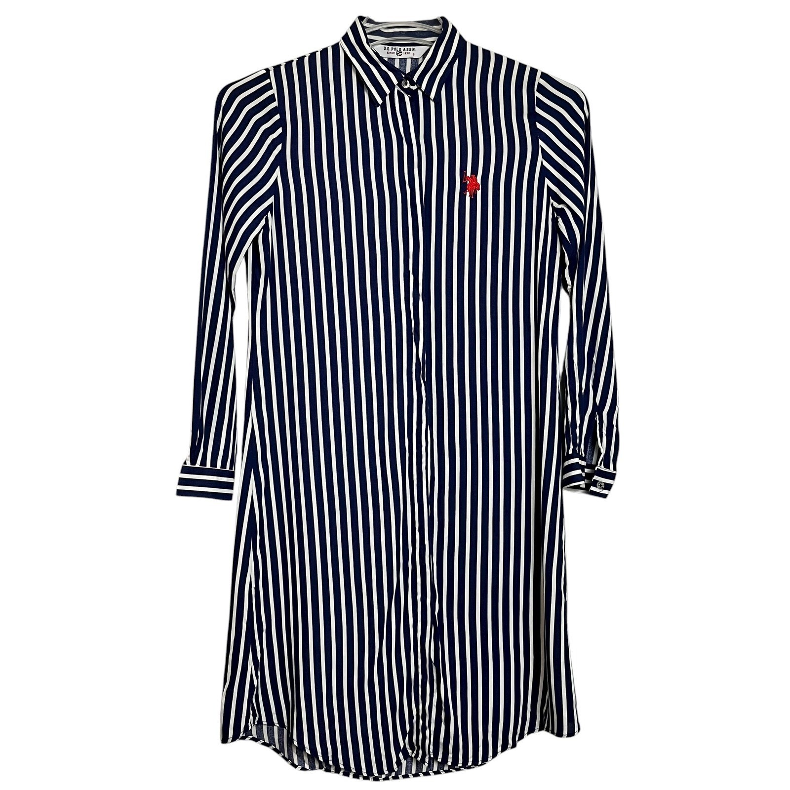 US Polo Assn Navy White Stripe Shirt Dress Red Pony Logo Long Sleeve Size S