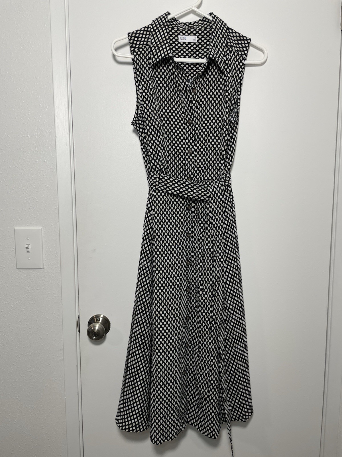 Croft & Barrow Black White Geometric Midi Shirt Dress Belted Size M
