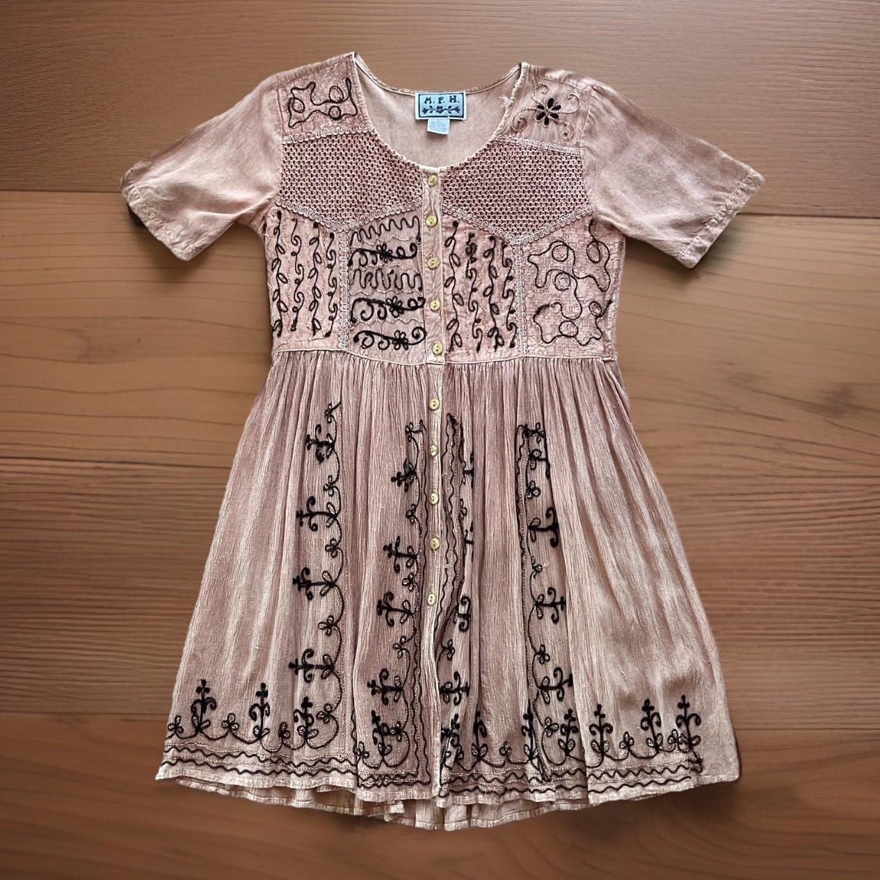 M.P.H Womens L Boho Brown Floral Embroidered Button Up Fit & Flare Pleated Dress