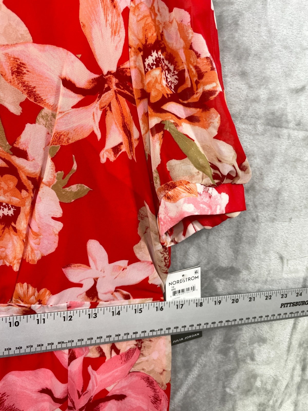 Julia Jordan Floral Print Puff Sleeve Mock Neck Midi Dress Size 12 Red Multi NWT