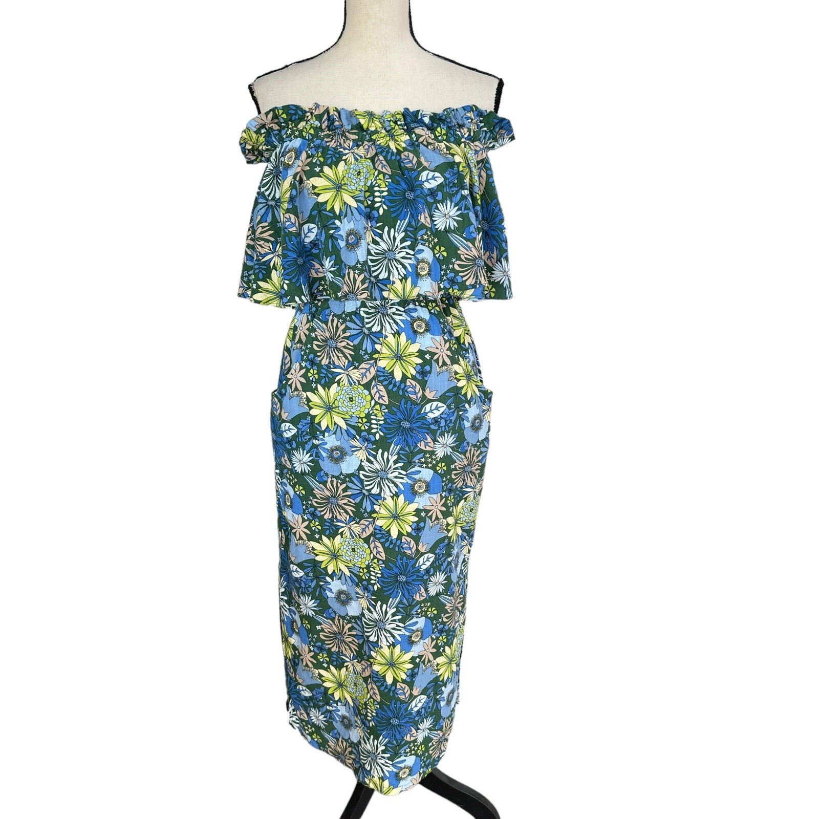 INC X-Small Midi Dress Floral Elastic Waist Off-Shoulder Pockets Side Slit Multi
