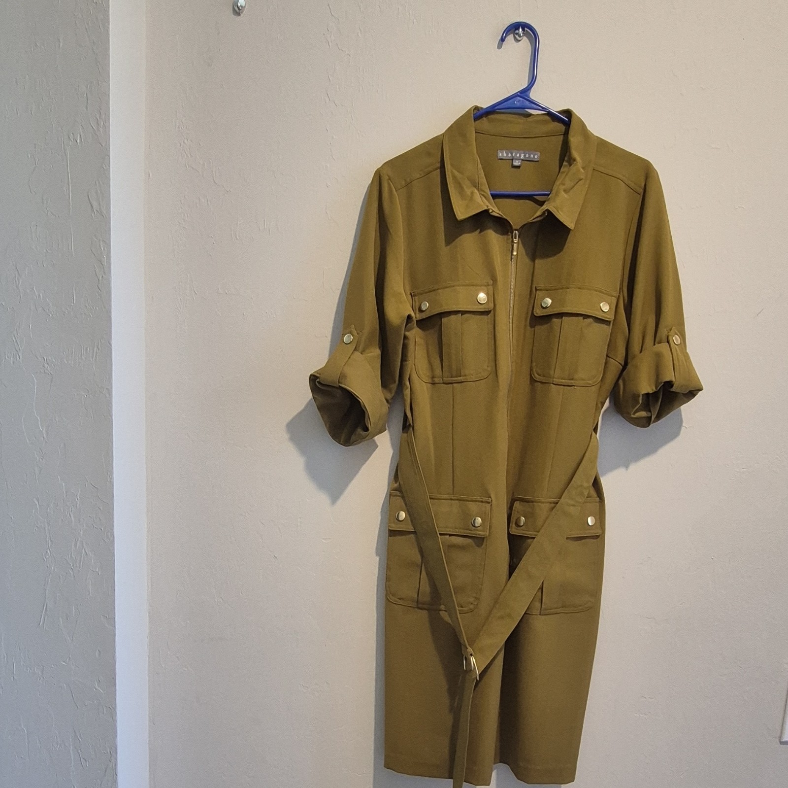 Sharagano Women’s Olive Solid Shirt Dress Collared Zip Belted Pockets 14