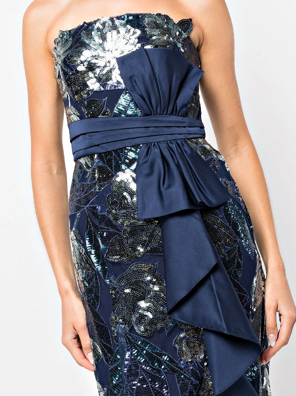 Marchesa Notte Navy & Silver Sequin Mikado Bow Gown With Deep Slit sz 6 $995