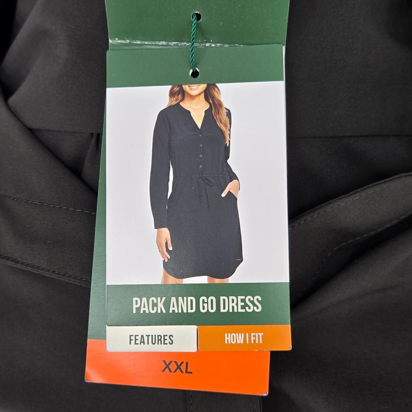 Orvis Dress Womens 2XL Black Henley Tie Waist Stretch Pockets Pack and Go New
