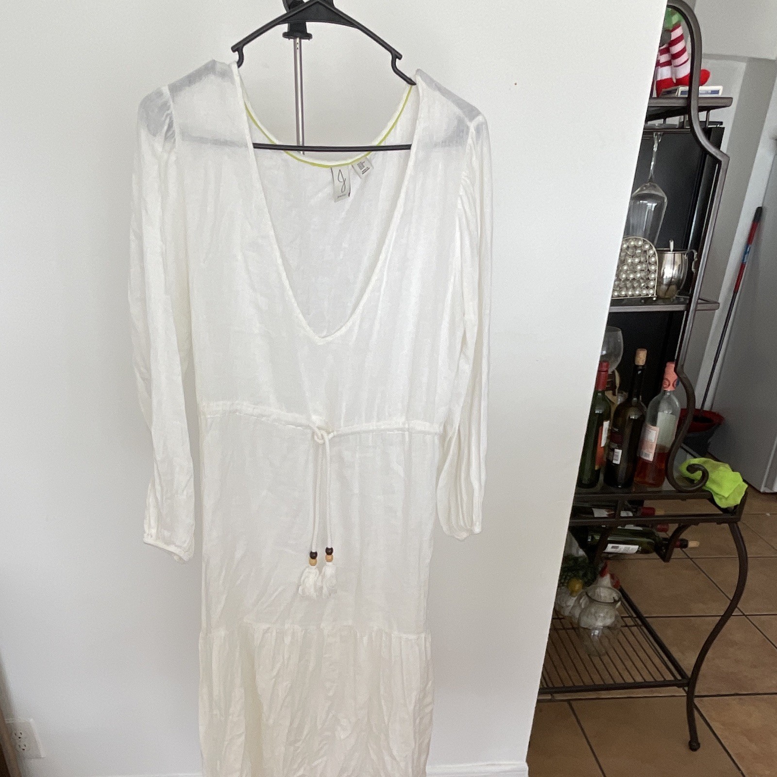 Joie White V-Neck 3/4 Sleeve Midi A-Line Dress Drawstring Tassel M