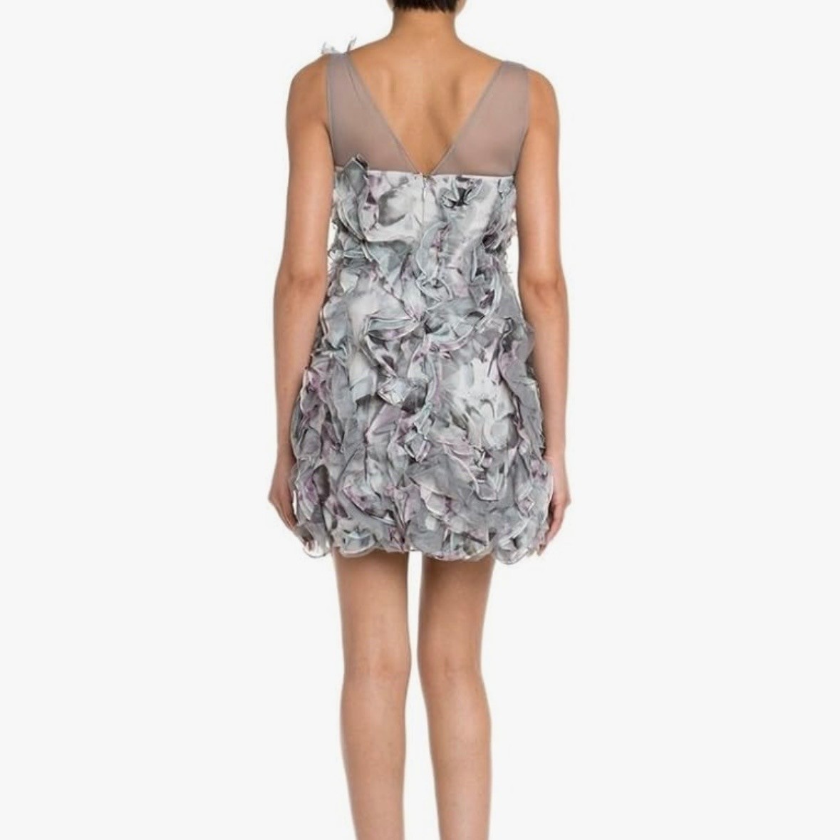 BCBGMAXAZRIA Eva Silk Ruffle Cocktail Mini Dress Agate Combo Grey Purple Size 2