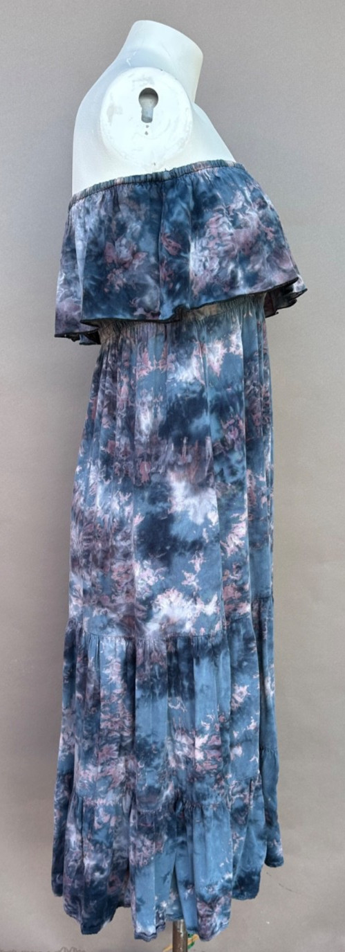 Blue Tie Dye Strapless Smocked Midi Dress M L Tiered Boho Ruffle Summer Beach