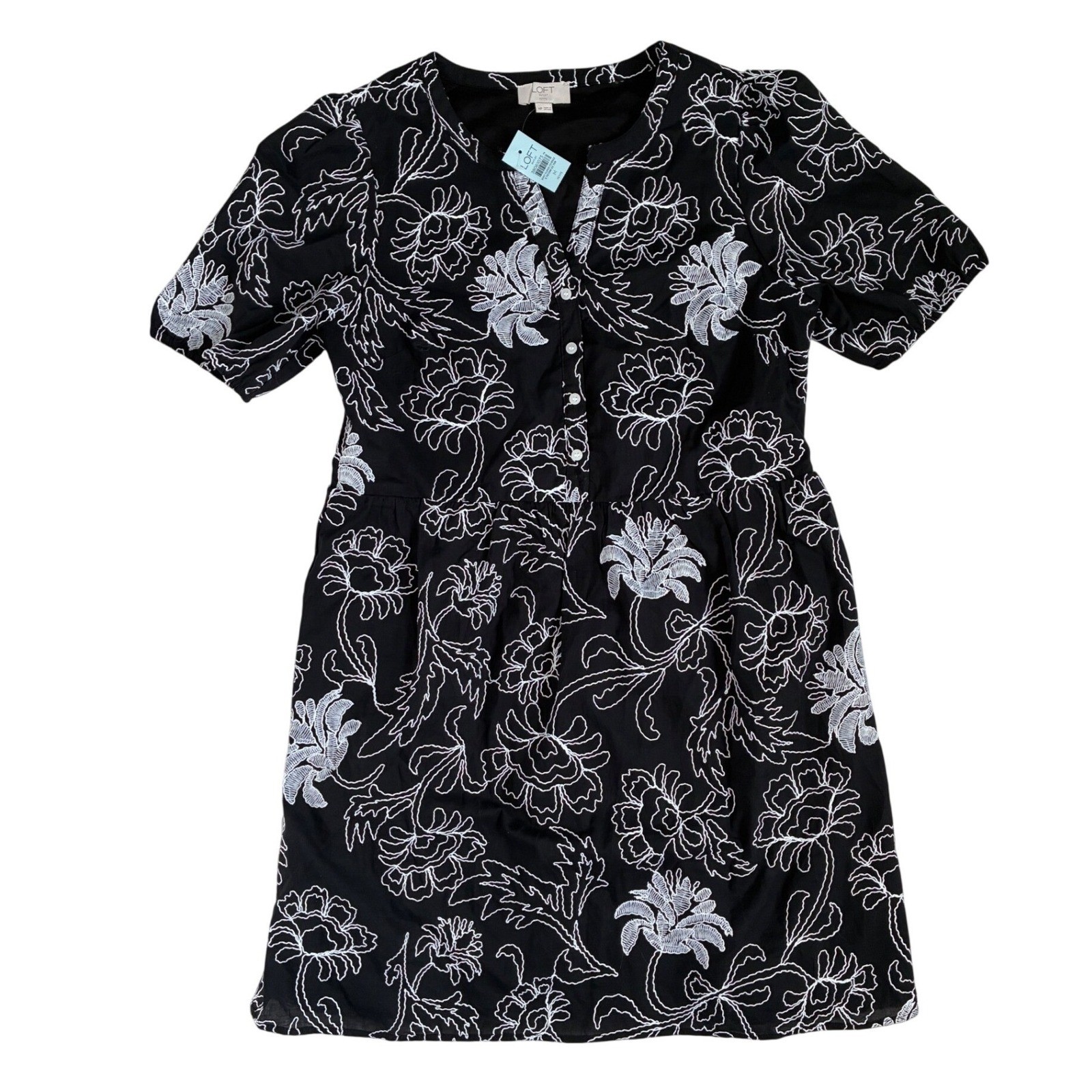LOFT Outlet Petite Floral Embroidered Short Sleeve Mini Dress Black White MP NEW