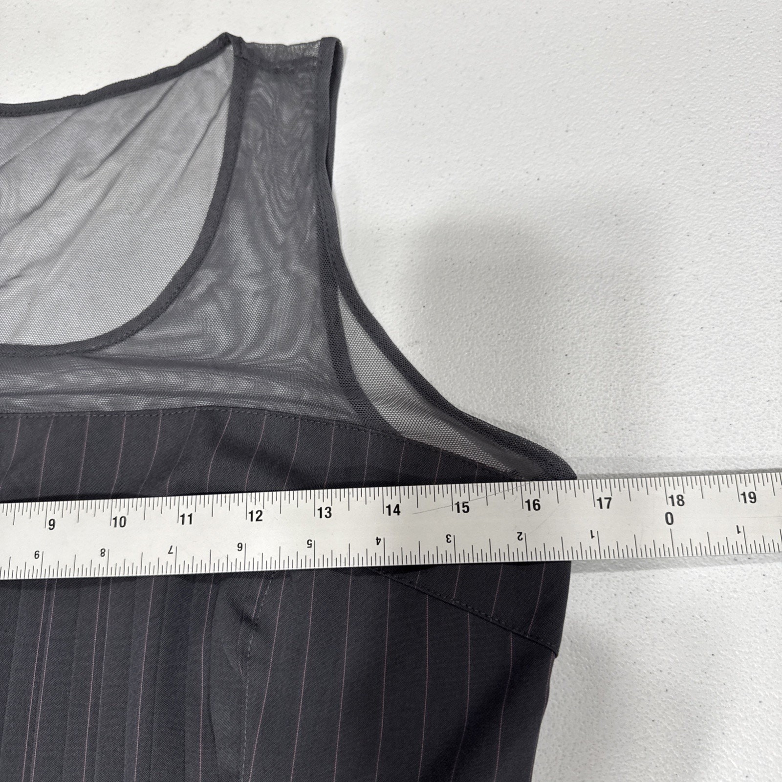 Bebe Dress Fit & Flare Pleats Mesh Chest Back Womens Sz 6 Gray Pink Pinstripes