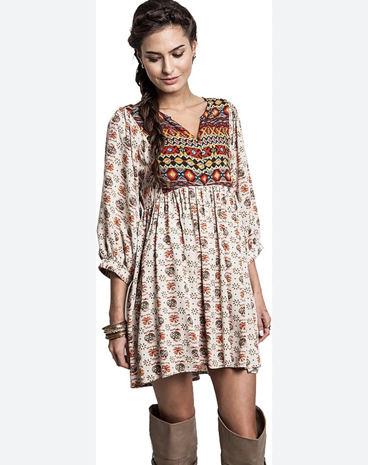 Umgee Aztec Dove Pattern 3/4 Sleeve Tunic Mini Dress Boho Western Rodeo Sz Small