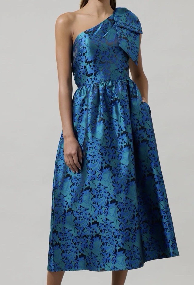 Sugarlips Blue Green Black Floral One Shoulder Satin Midi A-Line Dress S