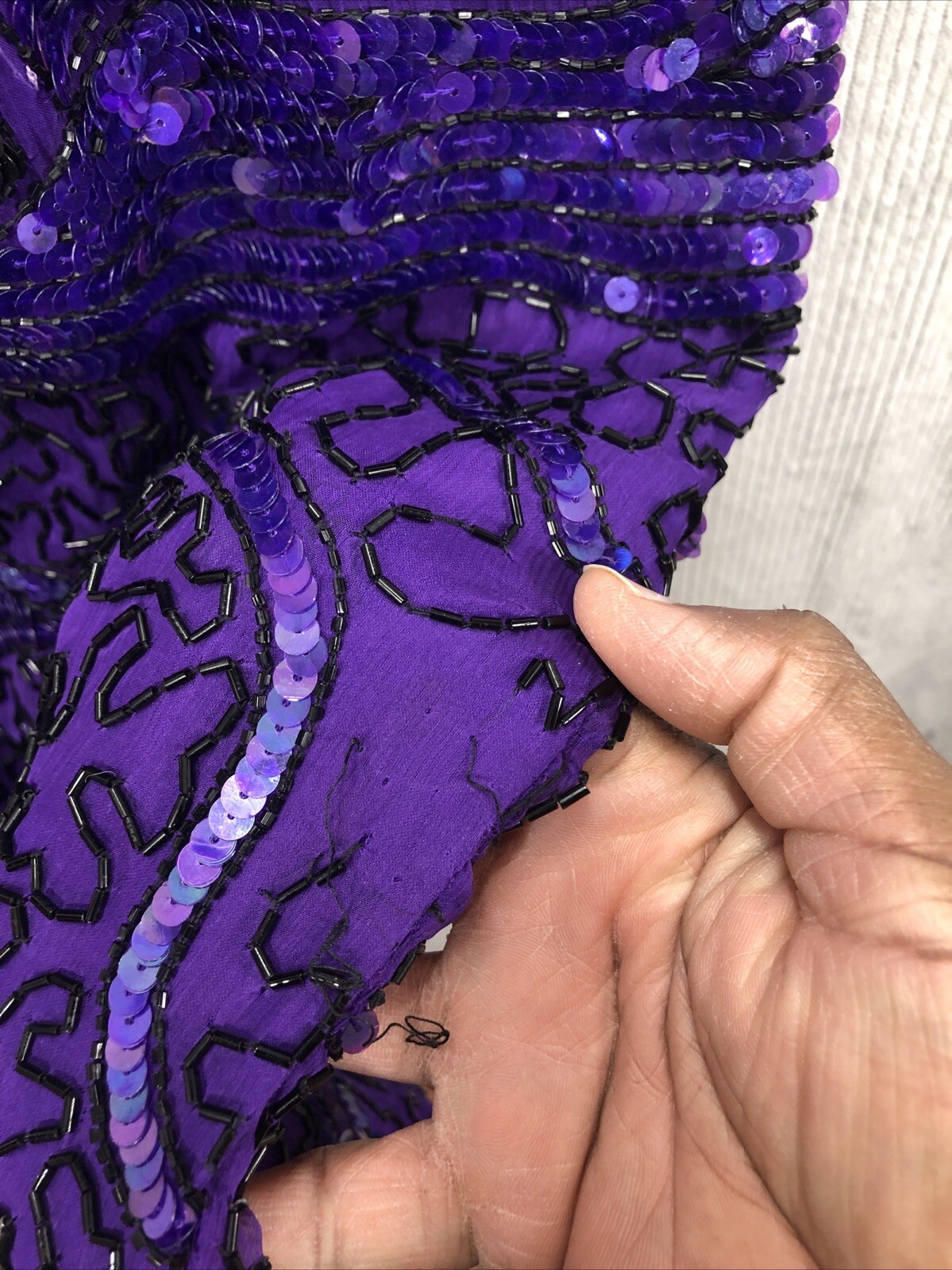 Vintage SWEELO Slip Dress Size Unknown Purple Sequin 100% Silk Spaghetti Strap