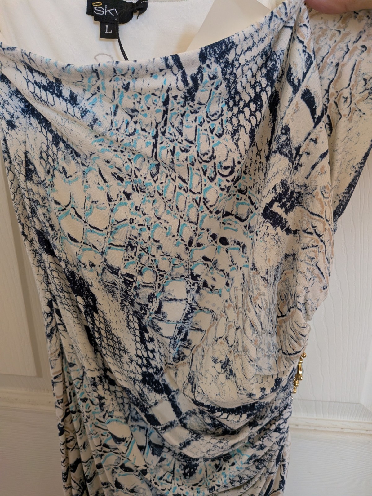 Sky Multicolor Snake Print Beaded Ruched Midi Sheath Dress Strapless Size L