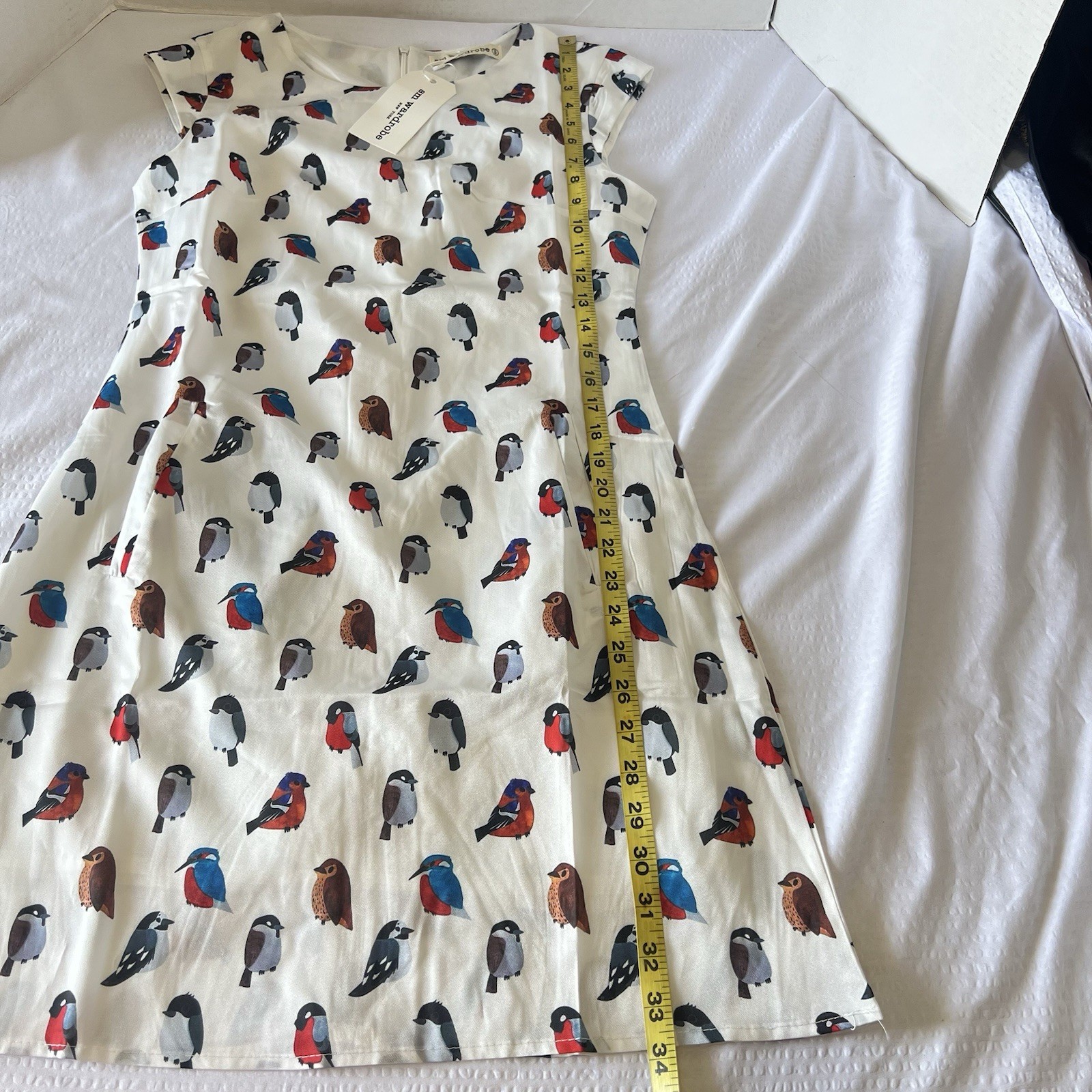 SM Wardrobe NY White Cap Sleeve Birds Artsy Boho Dress W/Pockets Sz Small NEW!
