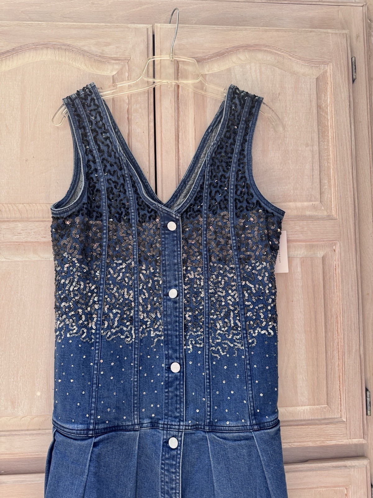 NWT Anthropologie Pilcro Sequin Sparkle Denim Button Front MinI Dress Size Small