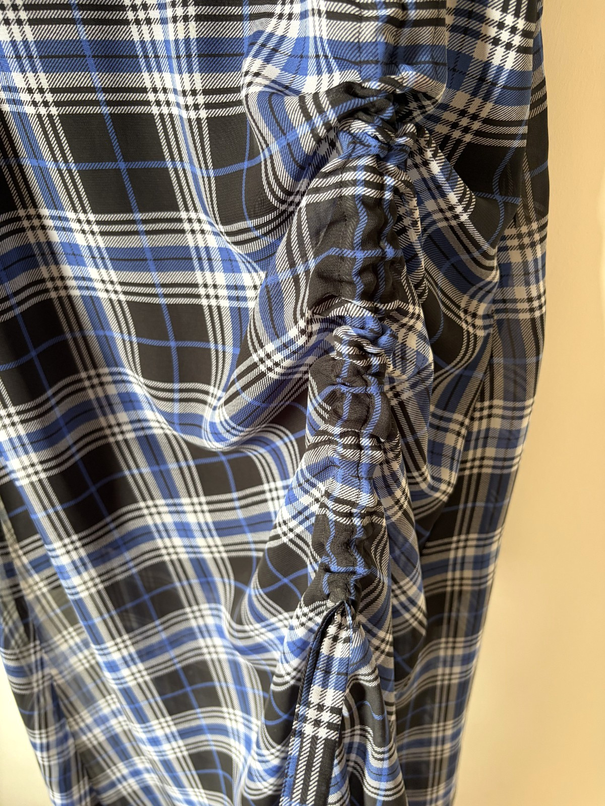 Maje Side-Ruched Plaid Tartan Blue and Navy Long Dress Ruffle UK size 10